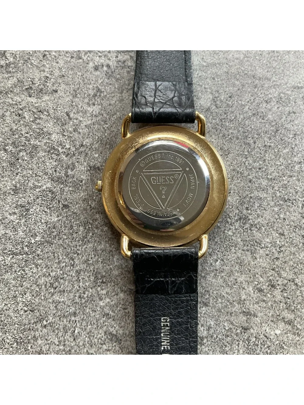 Vintage Guess Unisex Watch 40mm Gold Tone Case White Dial Black Leather Band A5